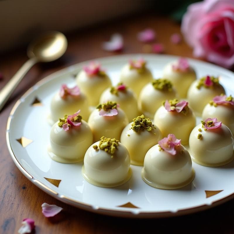 Trufas de Pistacho y Rosa: Postre Árabe Sin Horno con Cobertura de Chocolate Blanco