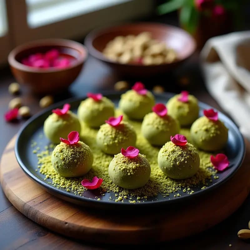 Trufas de Pistacho y Rosa: Postre Persa Vegano con Endulzante de Dátiles y Cacahuete
