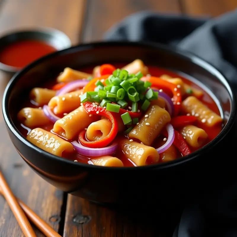 Tteokbokki de Arroz Integral con Salsa Gochujang y Vegetales: Receta Coreana Picante y Saludable