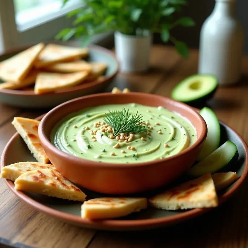 Tzatziki de Aguacate y Eneldo: Dip Griego Vegano y Sin Lácteos con Pan de Pita Integral