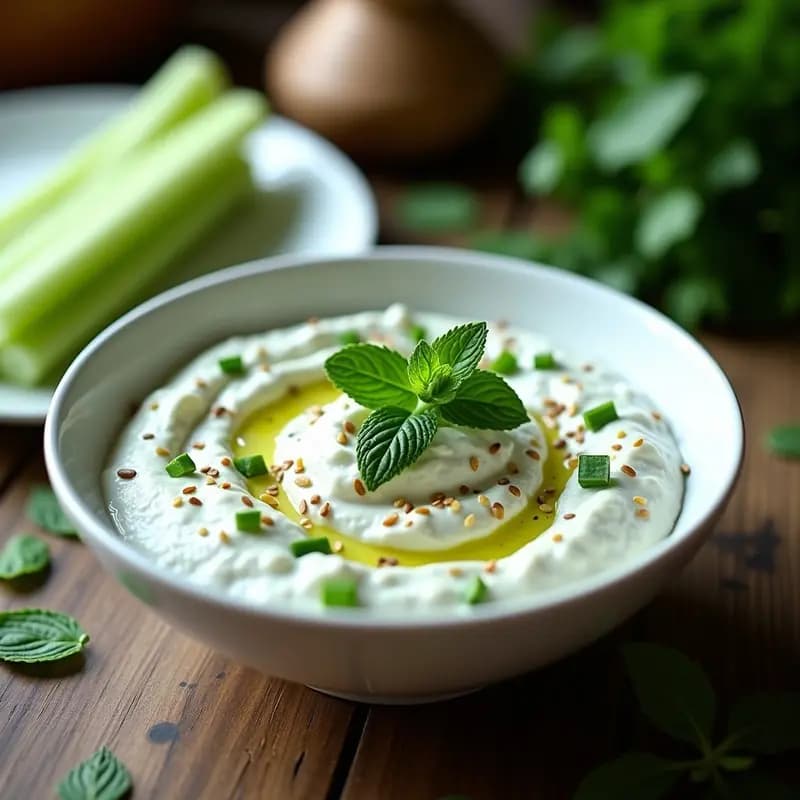 Tzatziki de Pepino y Mentas con Crudités de Apio: Receta Griega Vegana y Baja en Calorías