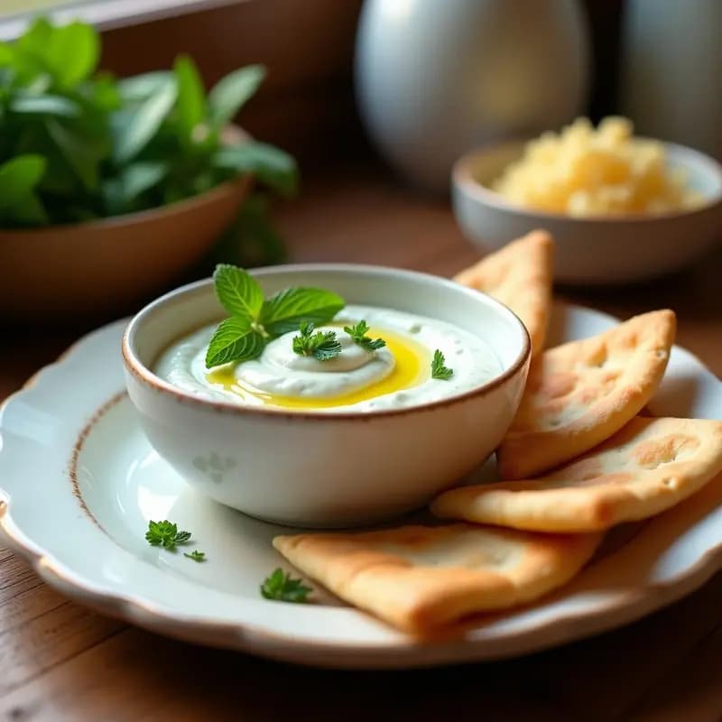 Tzatziki de Pepino y Menta con Pan de Pita de Garbanzo: Aperitivo Griego Vegano y Sin Gluten