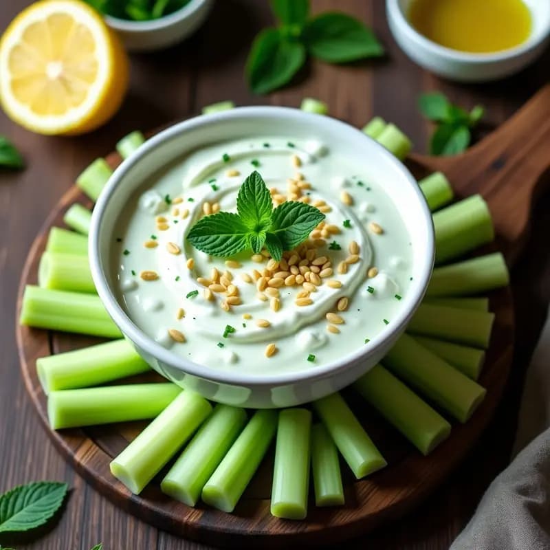 Tzatziki de Pepino y Menta con Crudités de Apio: Dip Griego Vegano y Sin Lácteos