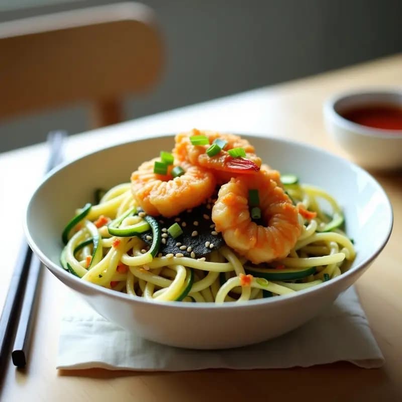 Udon de Calabacín con Tempura de Camarón y Salsa Ponzu: Receta Japonesa Sin Gluten en Airfryer