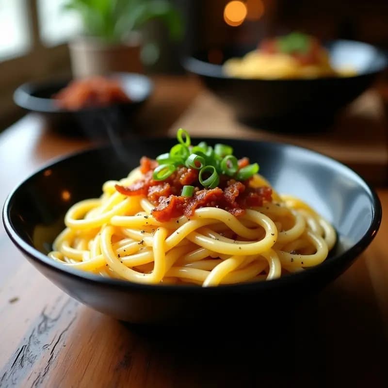 TikTok Udon Carbonara: Fideos Japoneses con Huevo y Panceta Crujiente en 10 Minutos