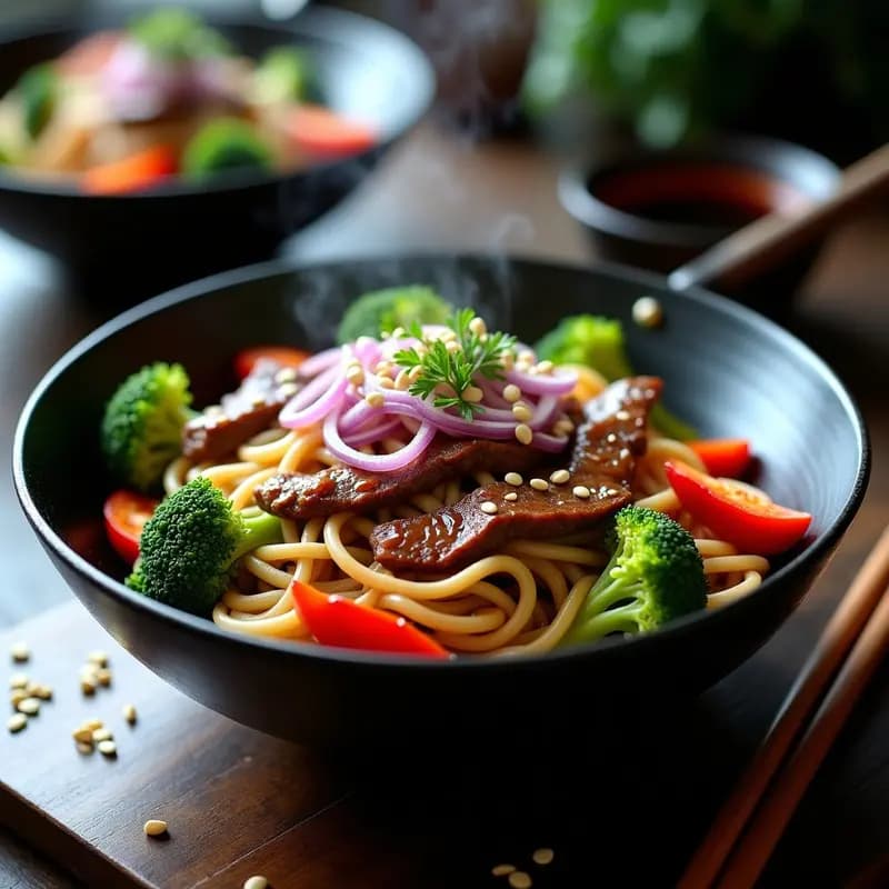 Udon Salteado con Ternera y Brócoli: Receta Japonesa en Wok Alta en Hierro