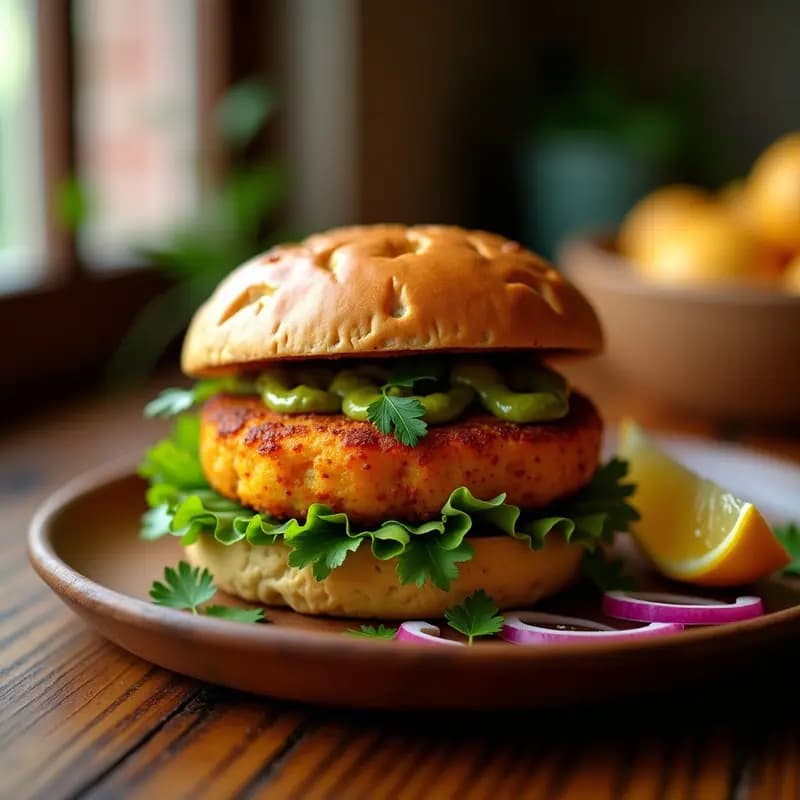 Vada Pav Indio con Patatas y Especias: Hamburguesa Vegetariana Picante