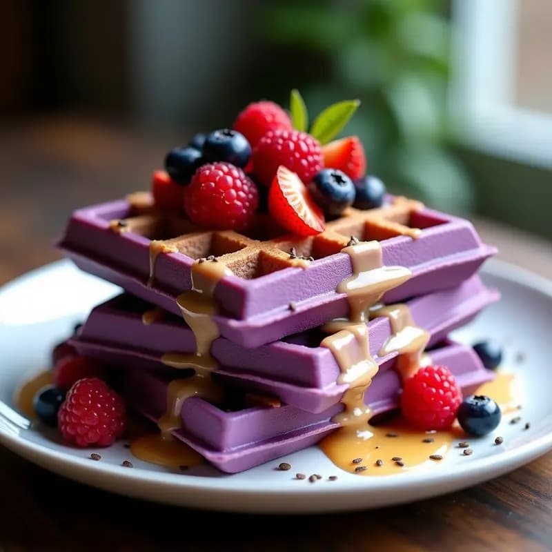 Waffles de Camote Morado con Crema de Almendras: Desayuno Sin Gluten y Estético
