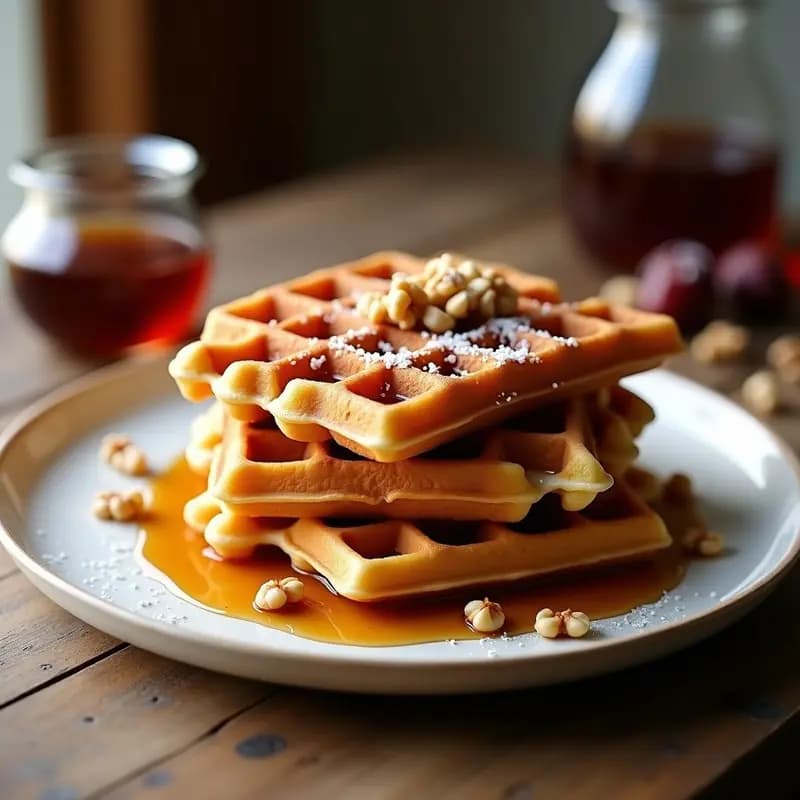 Waffles de Harina de Lentejas Rojas con Sirope de Dátiles y Nueces: Desayuno Proteico