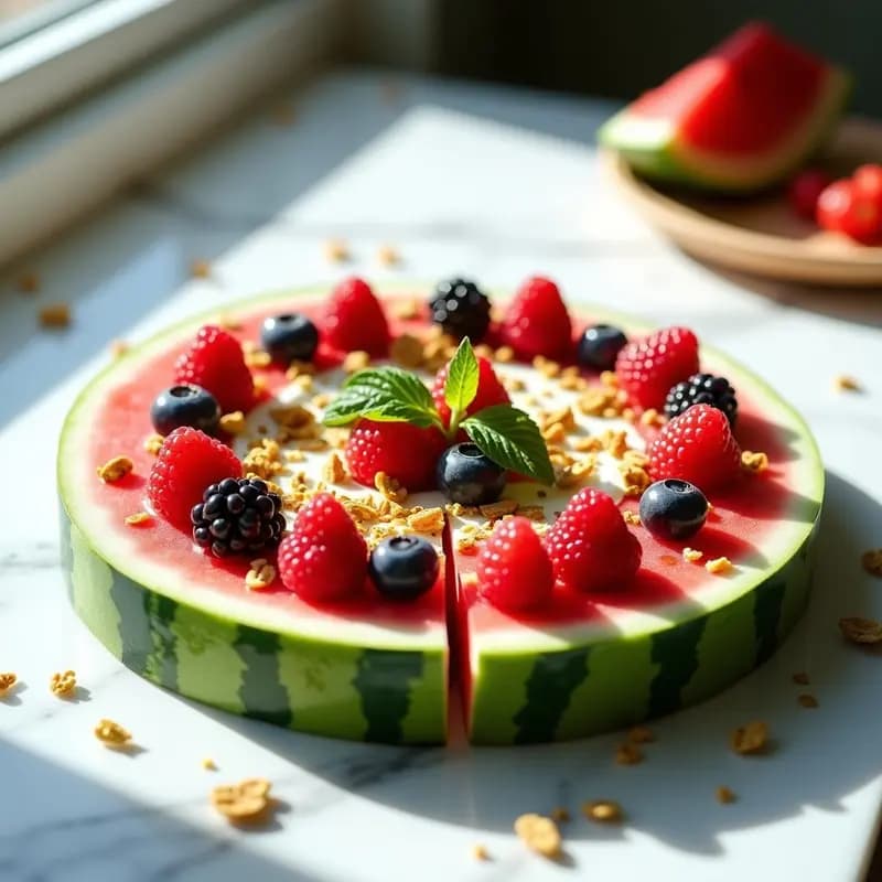 Watermelon Pizza: Rodaja de Sandía con Toppings de Yogur Griego, Frutos Rojos y Granola de Pistacho