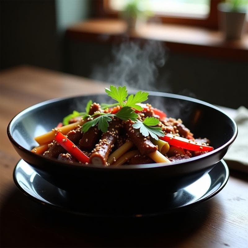 Wok de Brotes de Bambú y Ternera con Salsa Hoisin: Receta China en Airfryer