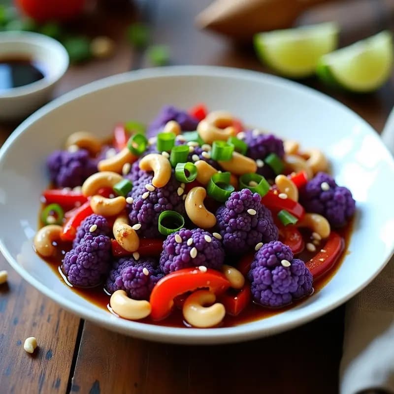Wok de Coliflor Morada y Anacardos con Salsa de Soja y Miel: Receta China Vegana en 15 Minutos