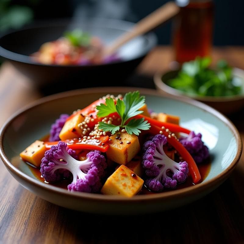 Wok de Coliflor Morada y Tofu con Salsa de Tamari y Jengibre: Receta Tailandesa en 15 Minutos