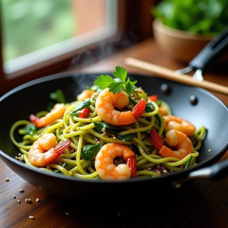 Wok de Espaguetis de Calabacín y Gambas al Ají Limón: Receta Tailandesa Low Carb