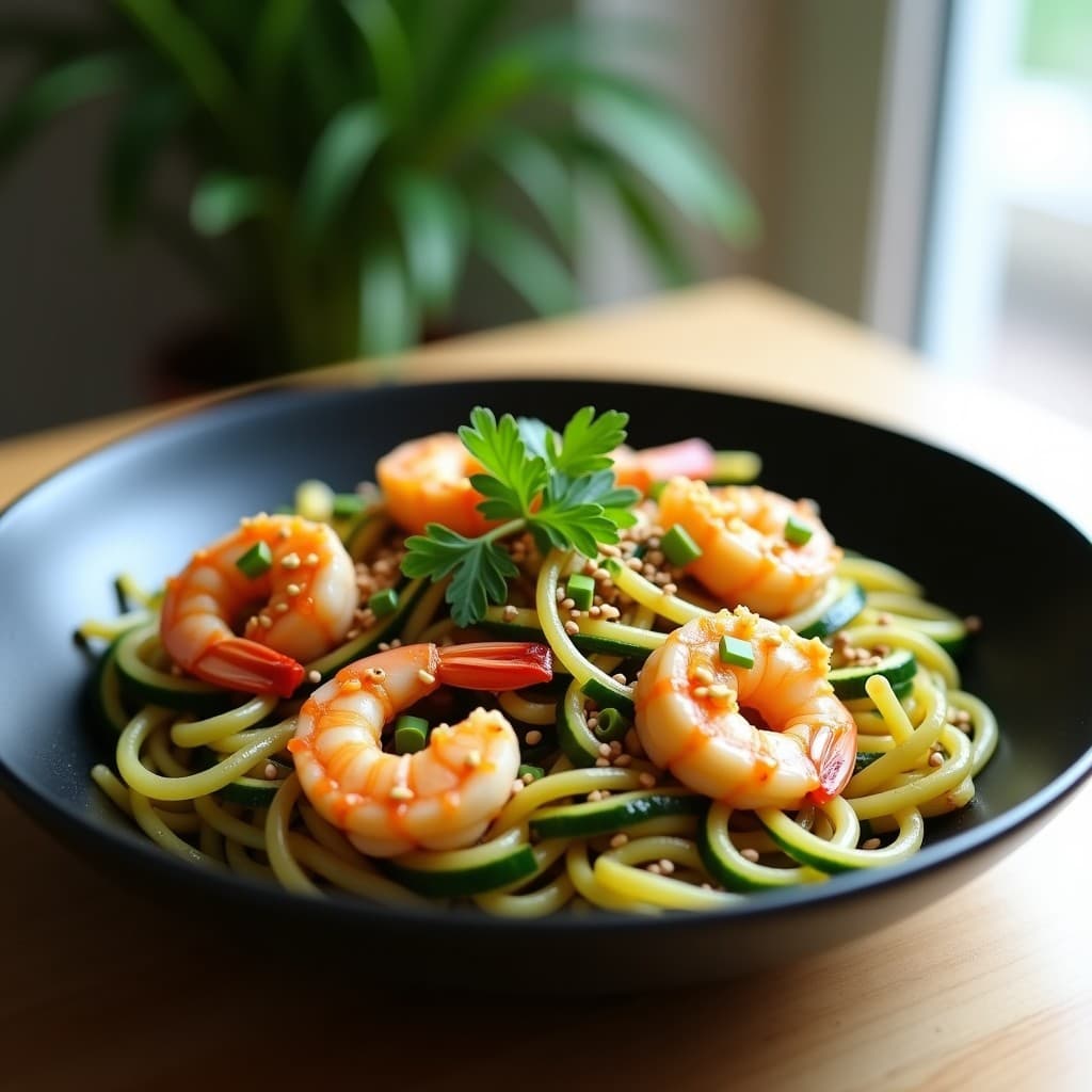 Wok de Espaguetis de Calabacín y Langostinos al Ajillo: Receta Asia-Fusion en Airfryer sin Aceite