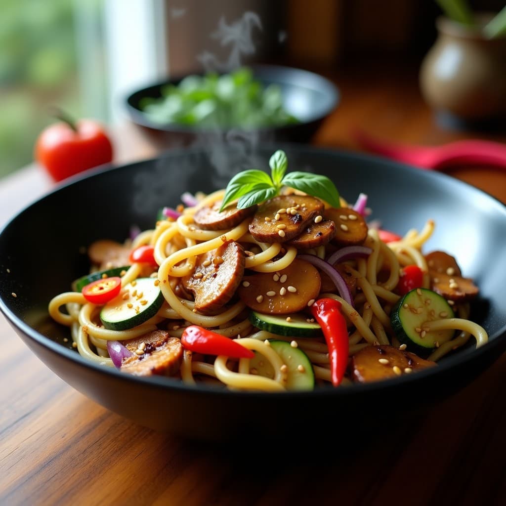 Wok de Espaguetis de Calabacín y Champiñones Portobello: Receta China Keto en Olla Lenta