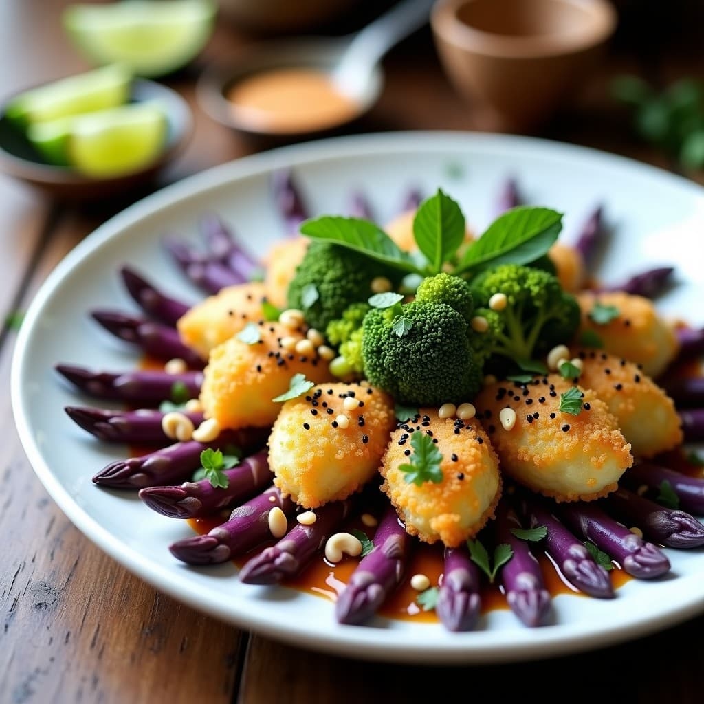 Wok de Espárragos Morados y Tempura de Brócoli con Salsa de Tahini: Receta Tailandesa Crudivegana