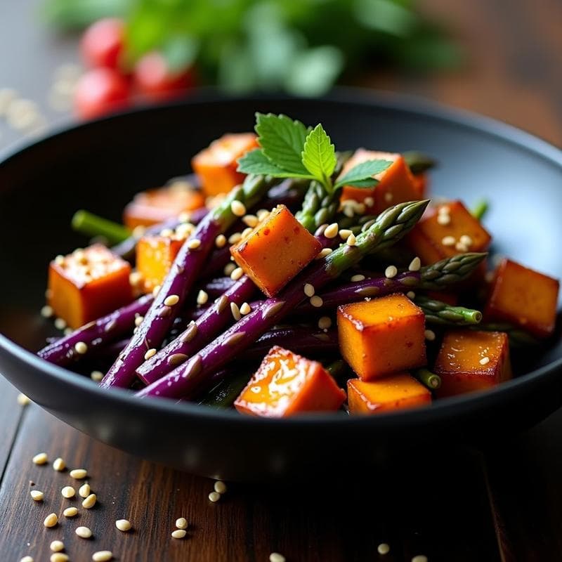 Wok de Espárragos Morados y Tempeh: Receta Vegana en Thermomix con Salsa de Tamarindo