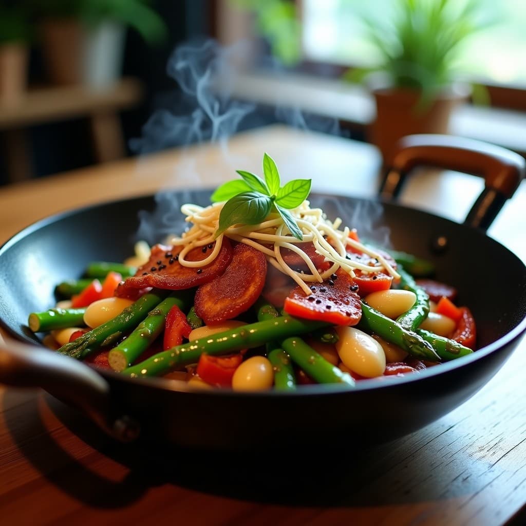 Wok de Espárragos Trigueros y Bacon de Tempeh: Receta Vegana con Toque Ahumado