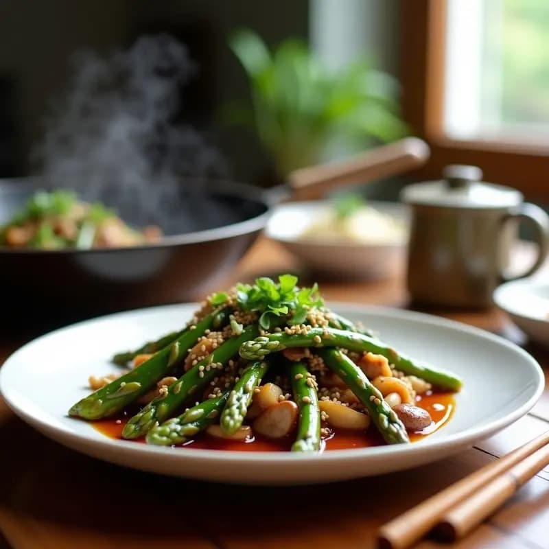 Wok de Espárragos Tigers y Champiñones Shiitake con Salsa de Ostra Vegana: Receta Fusion en Airfryer
