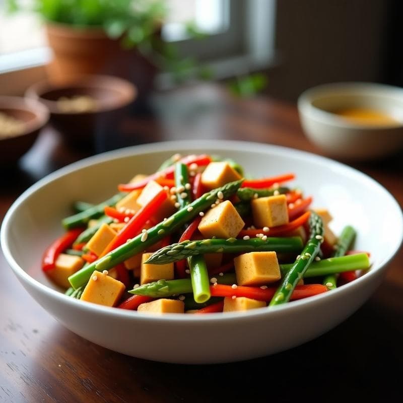 Wok de Espárragos Trigueros y Tofu con Salsa de Cacahuete: Receta China Vegana en 15 Minutos