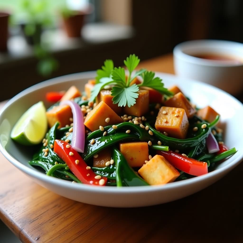 Wok de Espinacas de Agua y Tofo con Salsa de Tamari y Jengibre: Receta Vegana en 15 Minutos