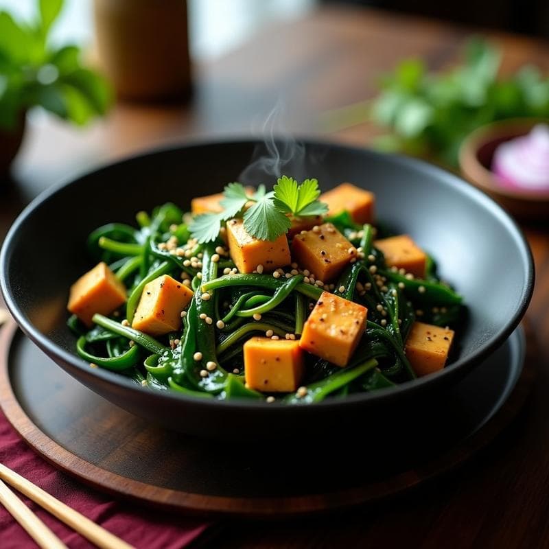 Wok de Espinacas de Agua y Tofu con Salsa de Sésamo: Receta Tailandesa Keto en 15 Minutos