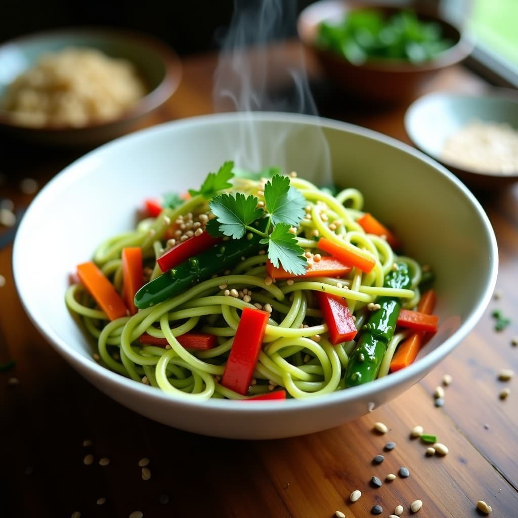 Wok de Espirulina y Fideos de Arroz con Verduras al Vapor: Receta China Vegana y Detox