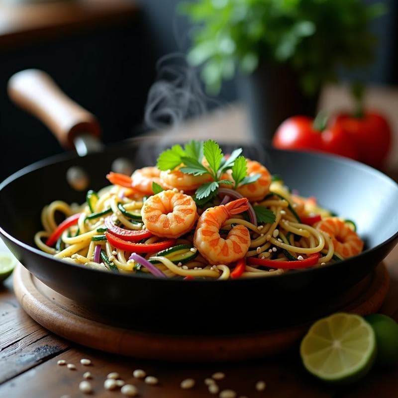 Wok de Fideos de Calabacín y Gambas al Ajo Negro: Receta Keto en 12 Minutos