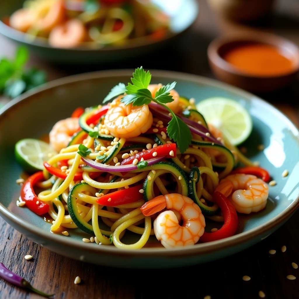 Wok de Fideos de Calabacín con Gambas y Salsa de Tamarindo: Receta Fusion en 15 Minutos
