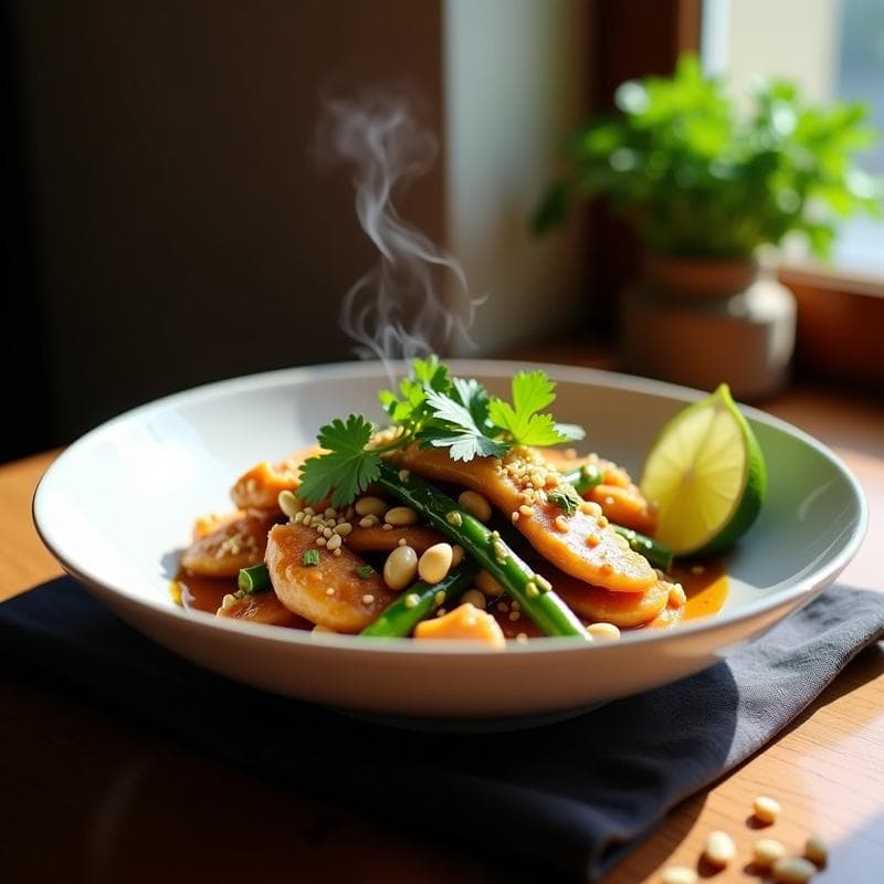 Wok de Pollo al Satay con Espárragos Trigueros y Cacahuetes: Receta Tailandesa en 15 Minutos