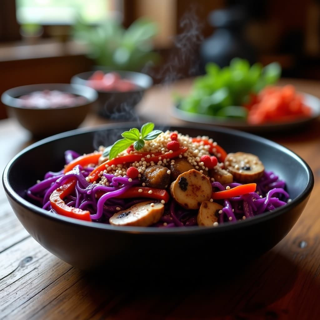 Wok de Repollo Morado y Champiñones con Salsa de Tamari: Receta Vegana y Sin Gluten en 15 Minutos