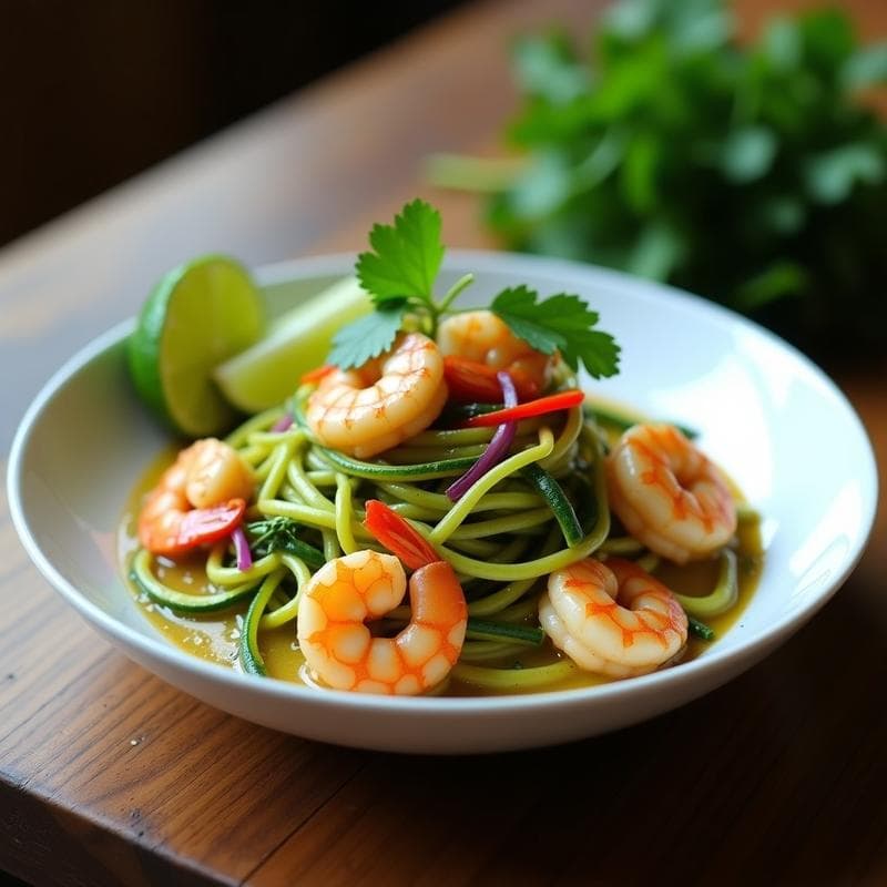 Wok de Tallarines de Calabacín y Gambas al Curry Verde: Receta Tailandesa en 15 Minutos
