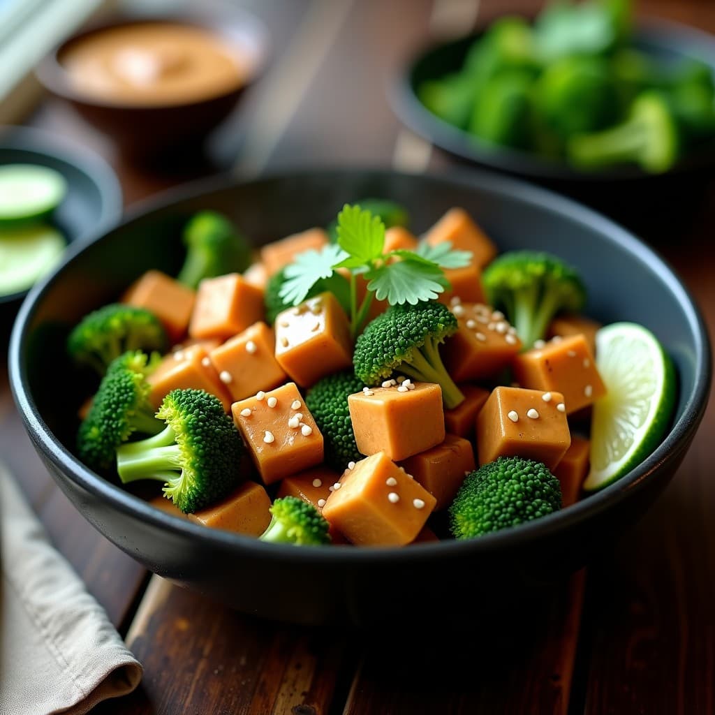Wok de Tempeh y Brócoli con Salsa de Cacahuete: Receta Indomesia Keto en Airfryer