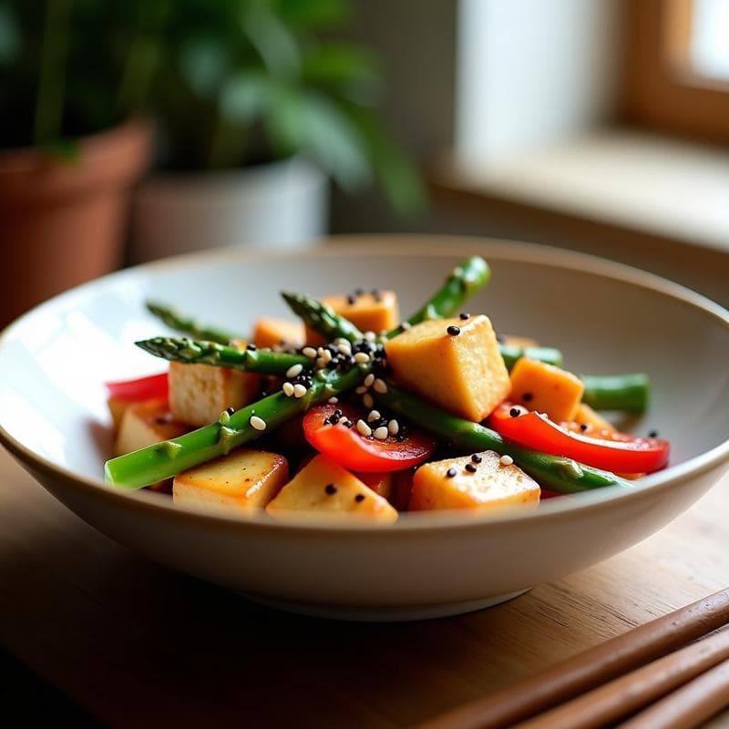 Wok de Tofu Crujiente y Espárragos Trigueros con Salsa Teriyaki: Receta Japonesa en Thermomix