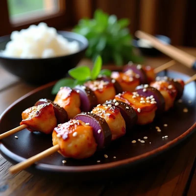 Yakitori Japonés de Pollo y Shitake: Brochetas Glaseadas con Mirin