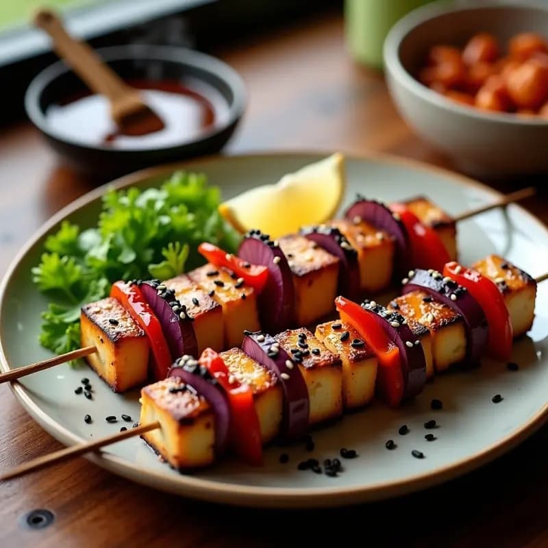 Yakitori de Tofu Teriyaki: Brochetas Japonesas Veganas en Grill con Sésamo