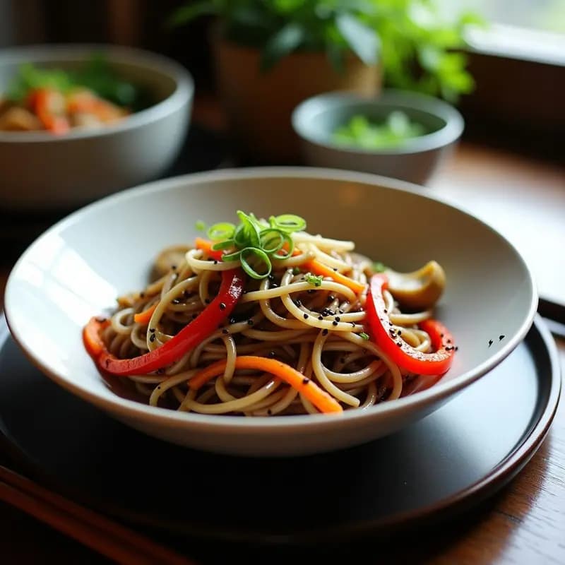 Yasai Itame Japonés con Fideos Soba y Verduras Salteadas en Salsa Teriyaki