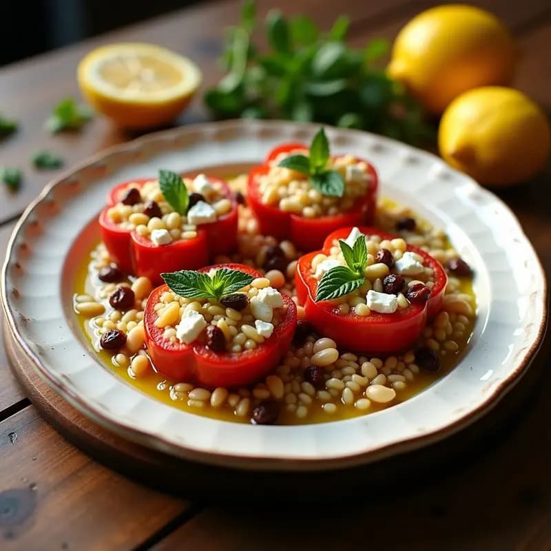 Yemista: Tomates y Pimientos Rellenos de arroz y Hierbas Griegas al Horno