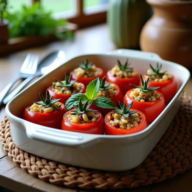 Yemista Griega de Tomates y Pimientos Rellenos con Arroz Integral: Receta Vegana y Sin Gluten