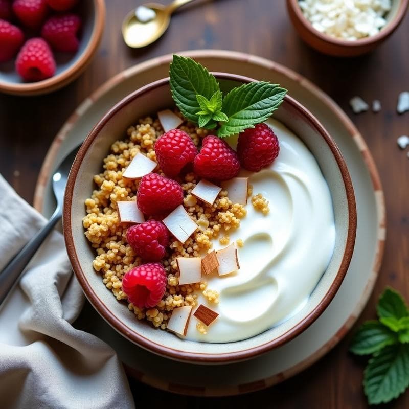 Yogur Griego con Granola de Quinoa y Semillas de Cáñamo: Desayuno alto en proteína
