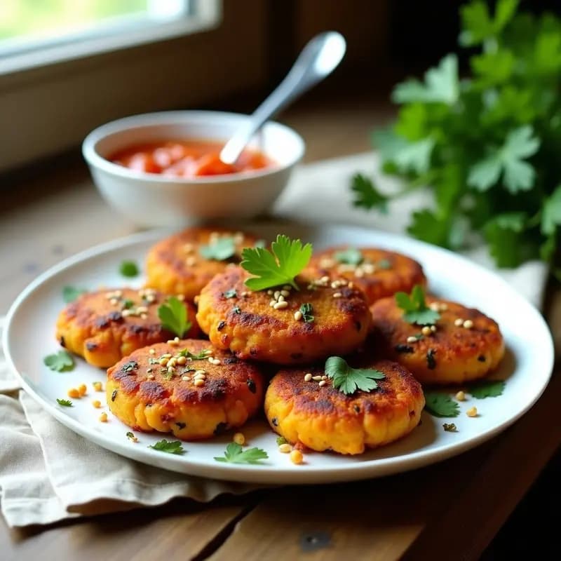 Aloo Tikki con Salsa de Tamarindo y Cilantro: Hamburguesas Indianas de Patata en Airfryer
