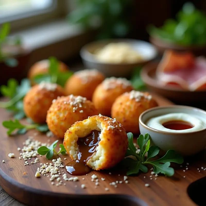 Arancini de Risotto de Champiñones con Centro Líquido de Queso Trufado: Receta Italiana Crujiente y Gourmet
