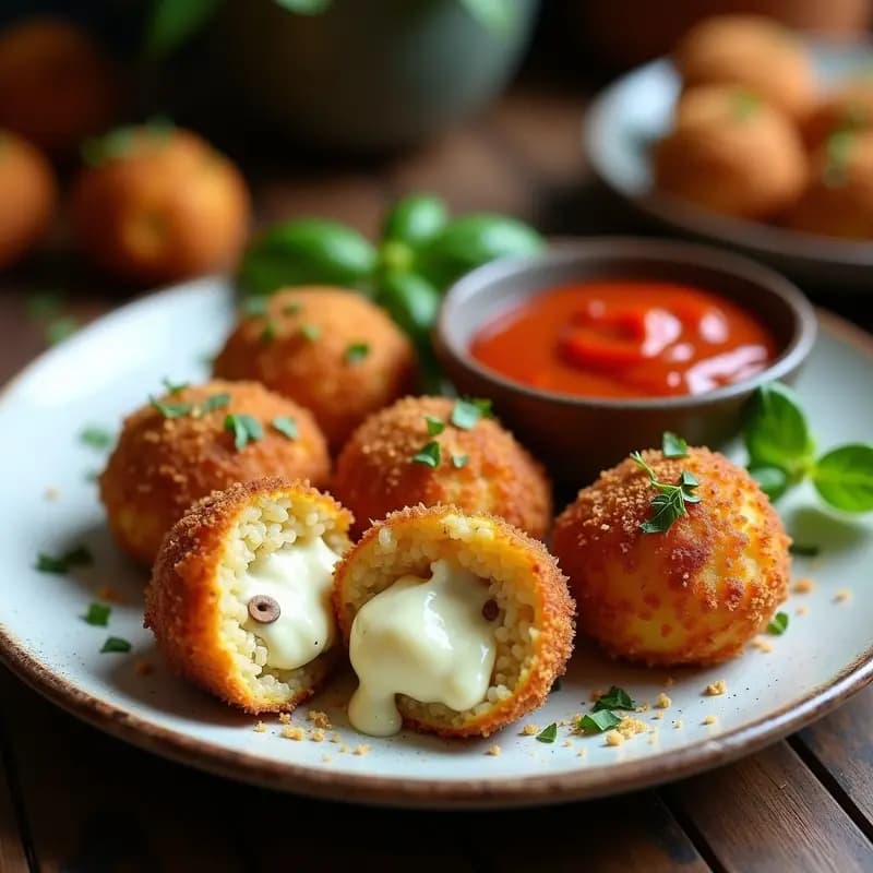 Arancini de Risotto de Champiñones: Bocados Italianos Crujientes Rellenos de Mozzarella Vegana