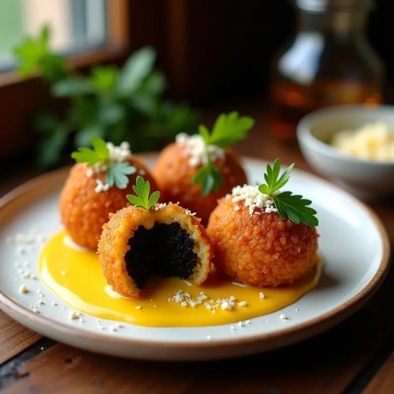 Arancini de Risotto Negro con Salsa de Azafrán: Aperitivo Italiano Crujiente