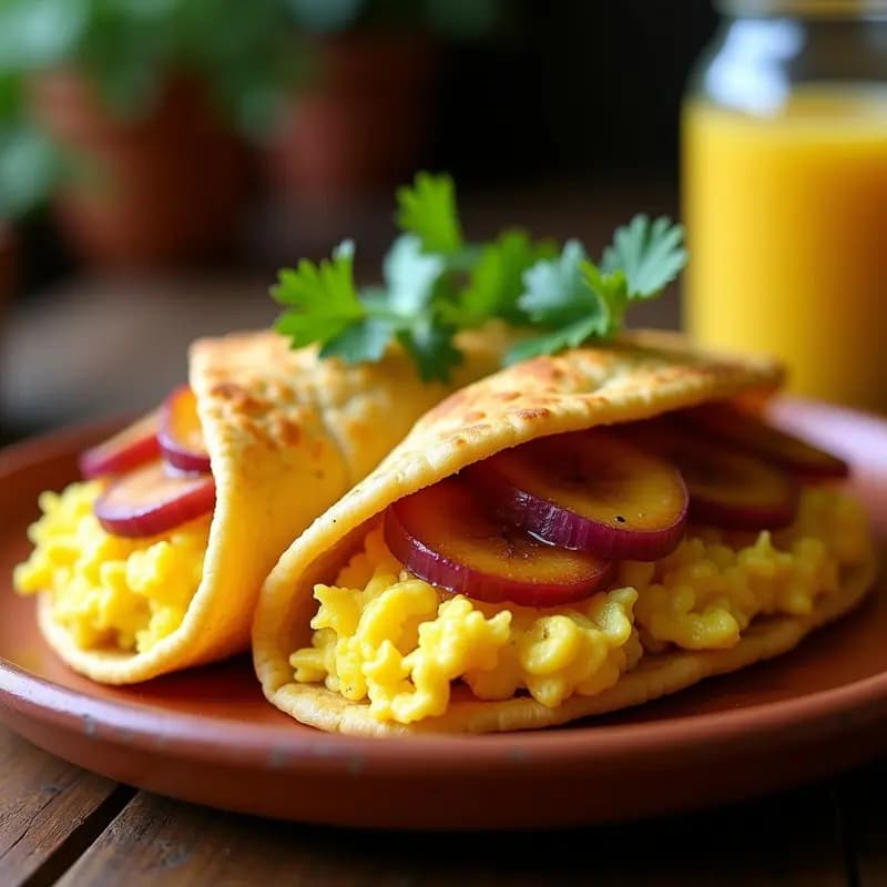 Arepa de Maíz Blanco con Relleno de Huevos Revueltos y Plátano Maduro: Desayuno Venezolano Energético