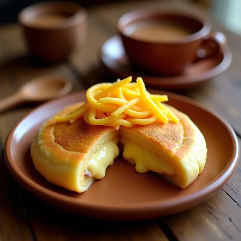 Arepa de Maíz Ternero Rellena de Queso de Pasta y Carita: Desayuno Colombiano Tradicional