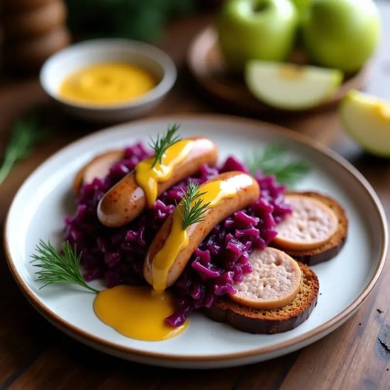 B Vienesa con Chucrut de Repollo Morado y Mostaza de Miel: Receta Austriaca Gourmet