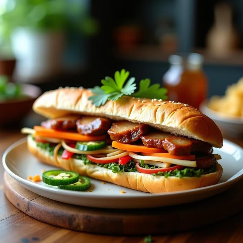 Bánh Mì de Cerdo Marinada con Salsa Hoisin y Pickles de Daikon: Receta Vietnamita en 30 Minutos