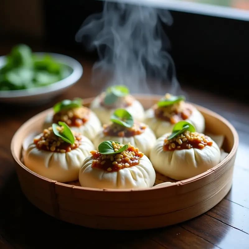 Bao Buns Rellenos de Pato Pekín y Hojas de Shiso: Receta China al Vapor con Toque Gourmet